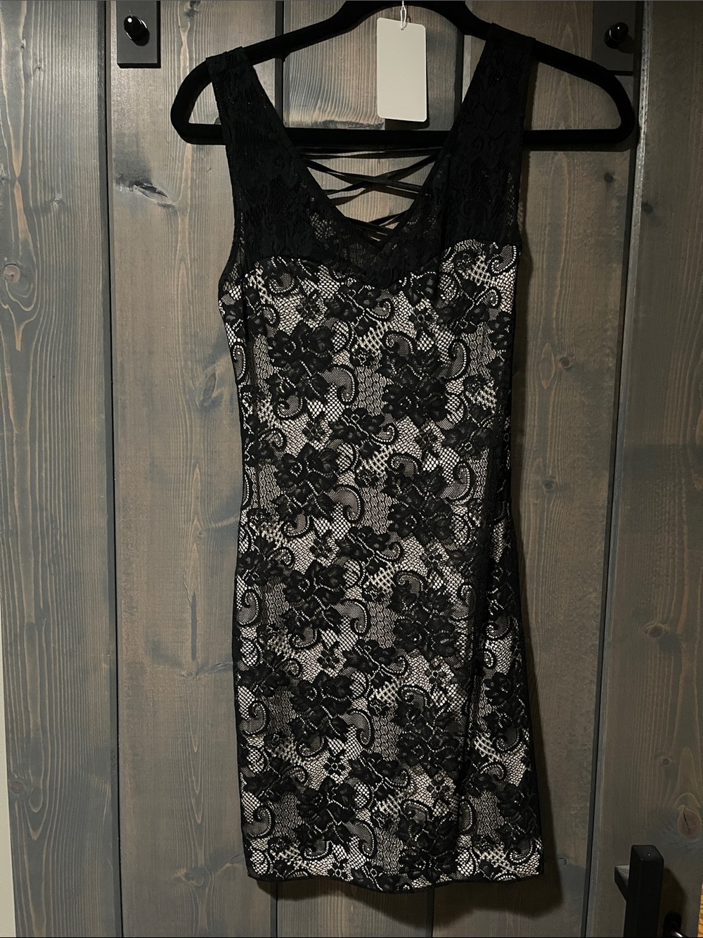 bebe Black Lace-Overlay Mini Dress with Nude Underlay